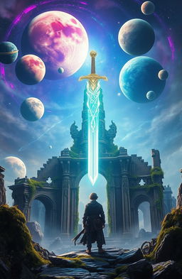 A magical sword glowing brightly, floating majestically over intricate, ancient ruins, which are overgrown with vines and moss