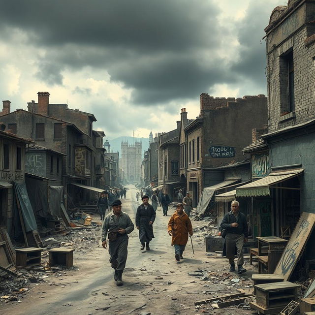 A powerful depiction of a 20th-century post-World War town, starkly illustrating the despair of a nearly abandoned nation