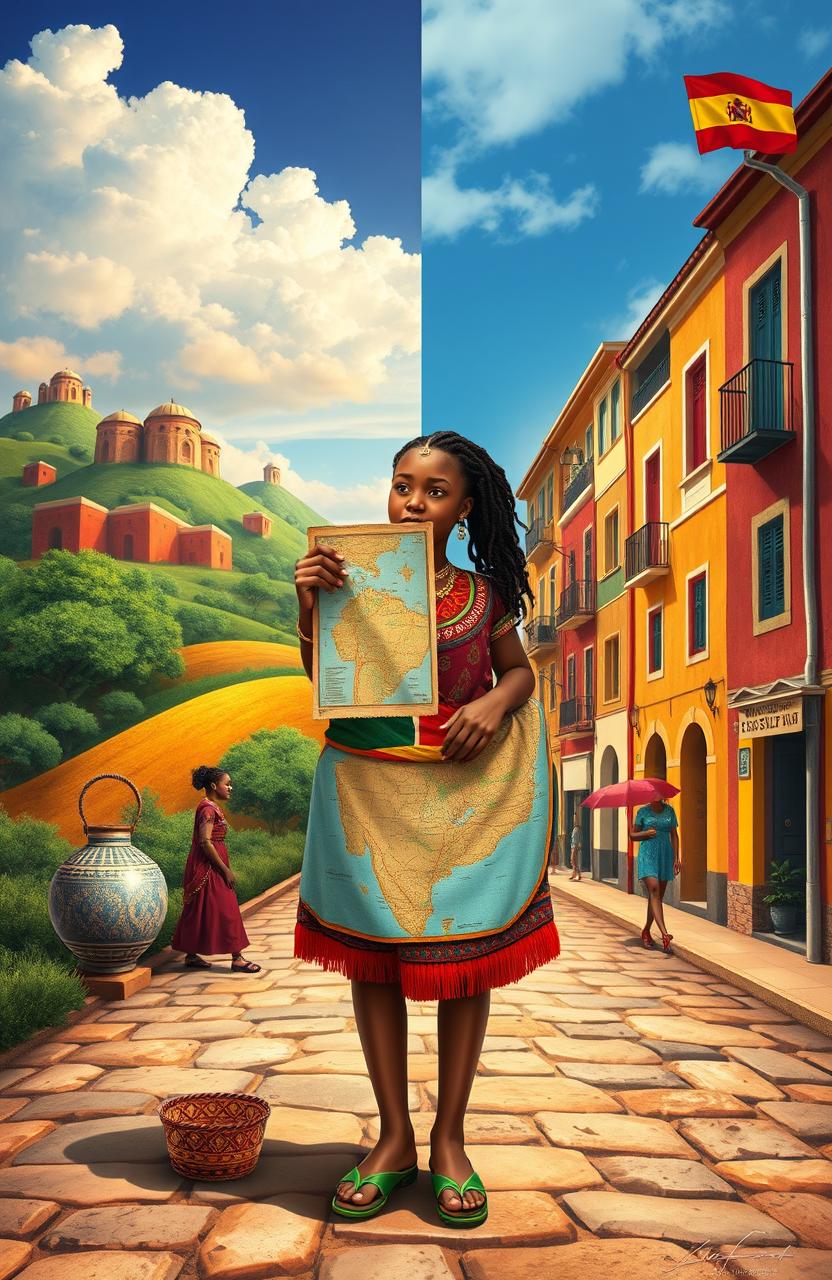 An epic adoption journey visually depicting the story of Elara, a 19-year-old Ethiopian girl adopted and raised in Spain