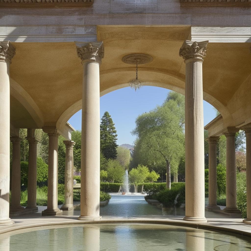 A central feature of a Roman-inspired fountain with water flowing into a pool, surrounded by walkways adorned with classical columns and arcades.