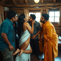 A captivating scene set in a modest lodge, featuring a beautiful 18-year-old Indian woman with long legs, fully engaged in an intimate encounter with several Indian men