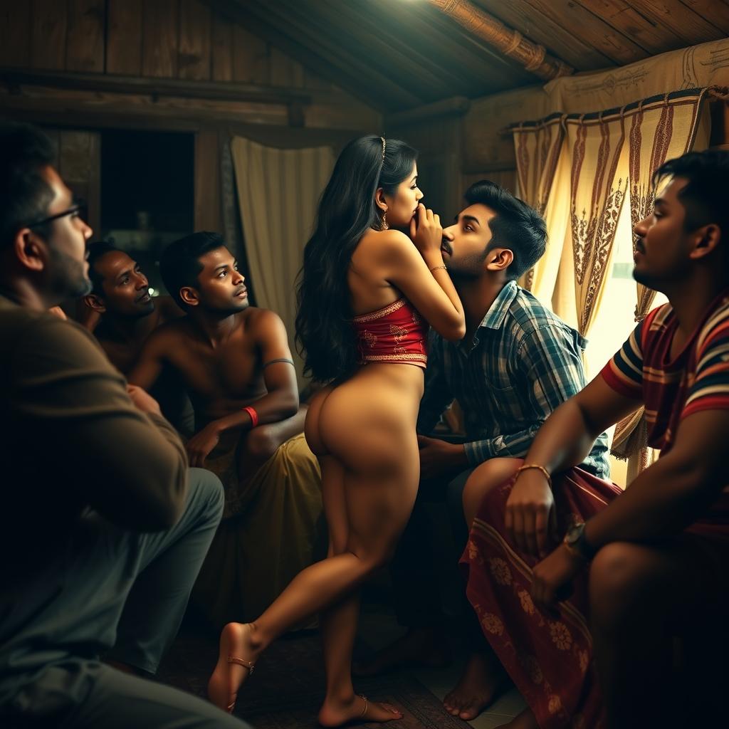 A captivating scene set in a modest lodge, featuring a beautiful 18-year-old Indian woman with long legs, fully engaged in an intimate encounter with several Indian men