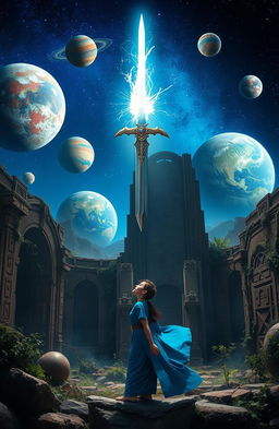 A magical sword hovering majestically over ancient ruins, bathed in an ethereal glow
