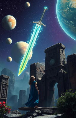 A magical sword hovering majestically over ancient ruins, bathed in an ethereal glow