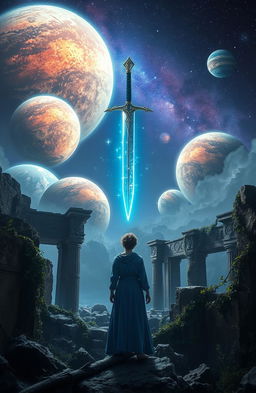 A magical sword hovering majestically over ancient ruins, bathed in an ethereal glow
