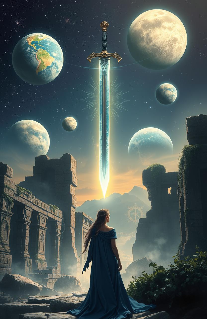 A magical sword hovering majestically over ancient ruins, bathed in an ethereal glow