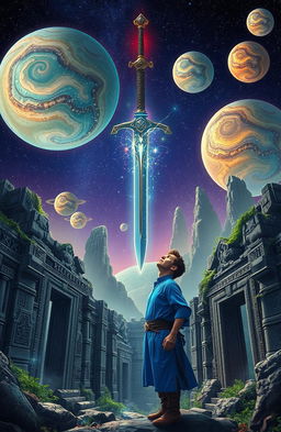 A magic sword floating gracefully above ancient, overgrown ruins, with intricate stone carvings illuminated by ethereal light