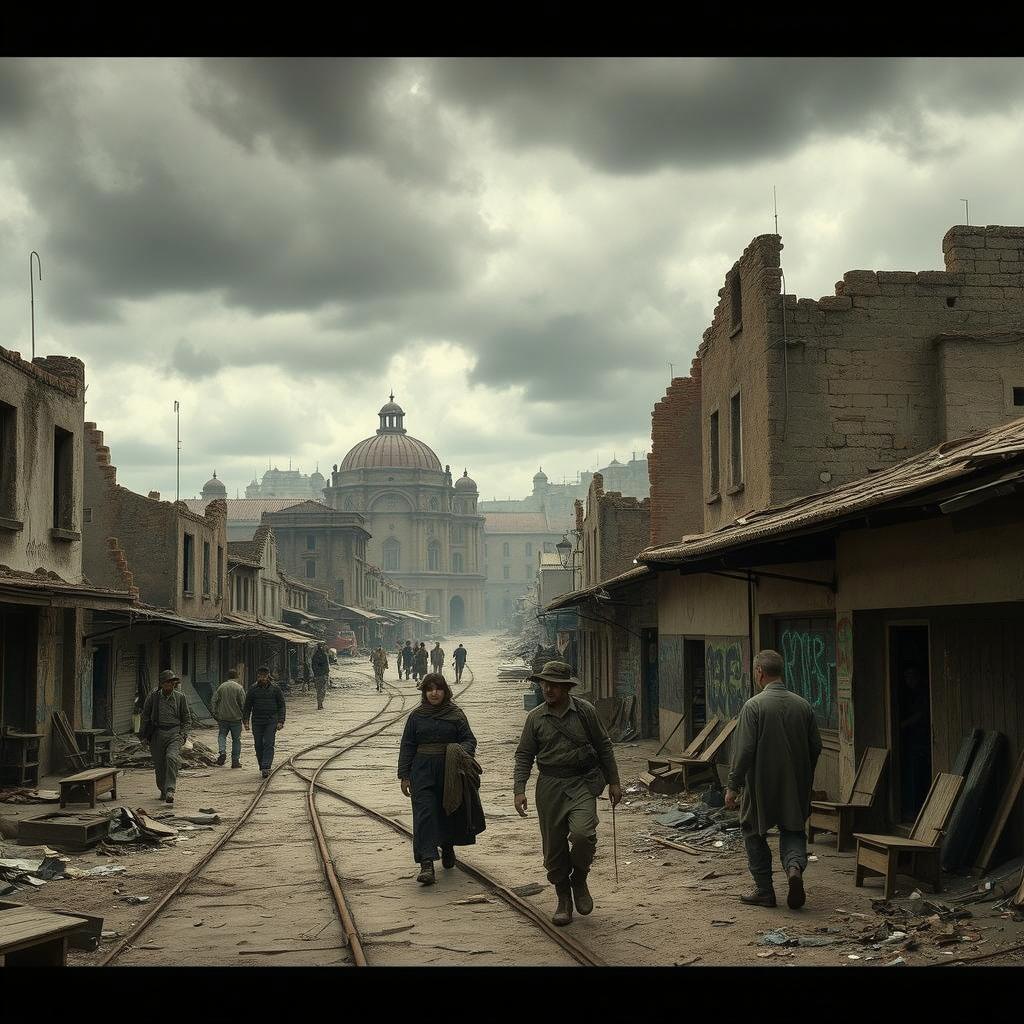 A powerful scene of a 20th-century post-World War town, evoking the struggles of civilians in a crumbling, nearly abandoned nation