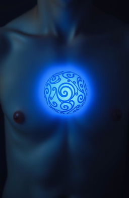 A mystical blue orb, glowing softly, nestled within the center of a human chest