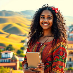 A beautiful young Ethiopian-Spanish woman named Elara, 19 years old, standing at the crossroads of two cultures, with a contemplative expression