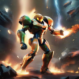 An epic image of Samus from Metroid and Master Chief from Halo, engaged in a fierce battle, surrounded by sparks and flaming debris