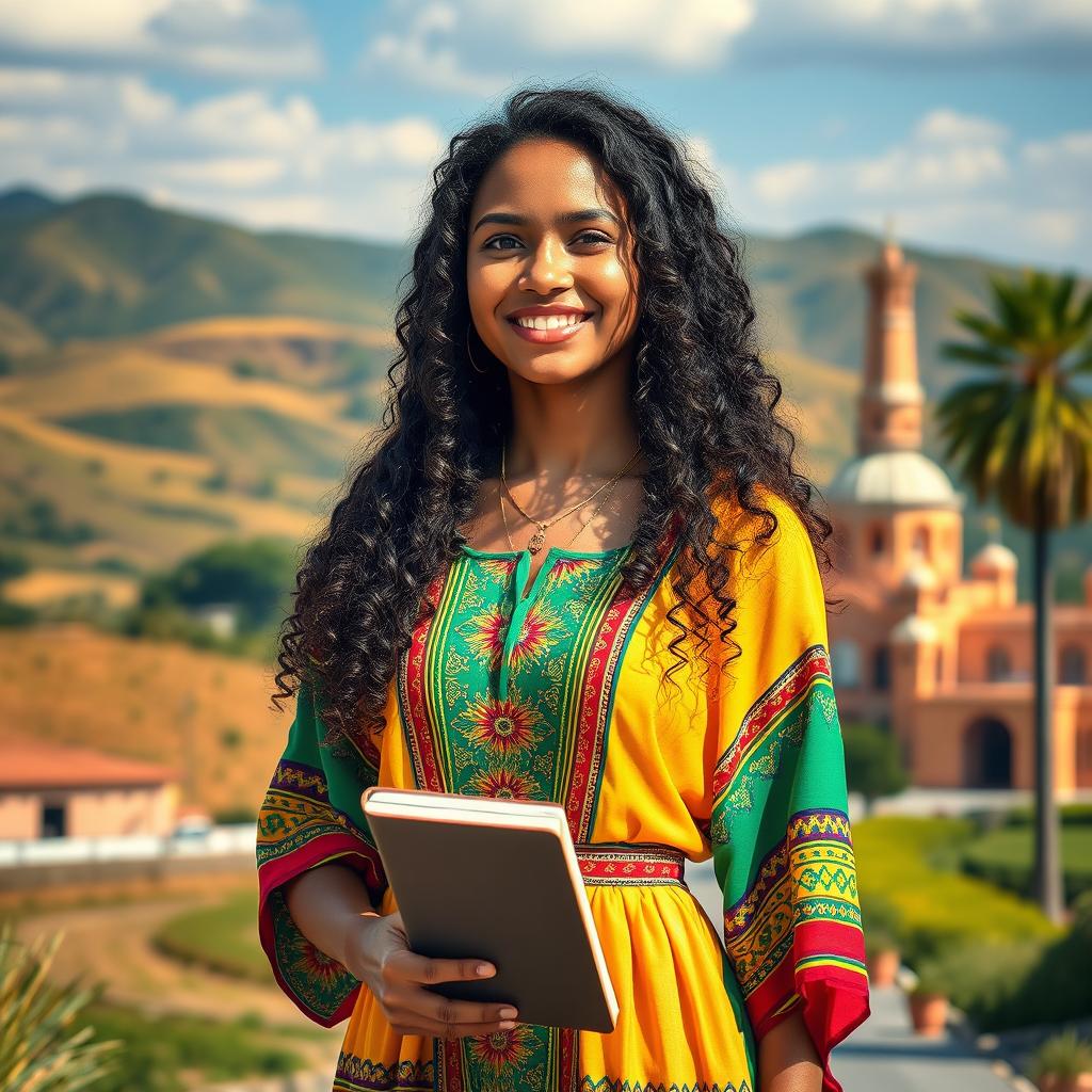 A beautiful young Ethiopian-Spanish woman named Elara, 19 years old, standing at the crossroads of two cultures, with a contemplative expression