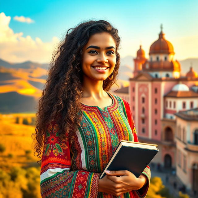 A beautiful young Ethiopian-Spanish woman named Elara, 19 years old, standing at the crossroads of two cultures, with a contemplative expression