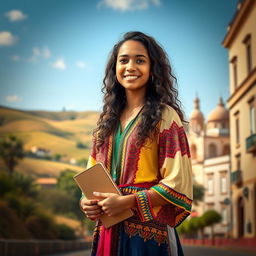 A beautiful young Ethiopian-Spanish woman named Elara, 19 years old, standing at the crossroads of two cultures, with a contemplative expression