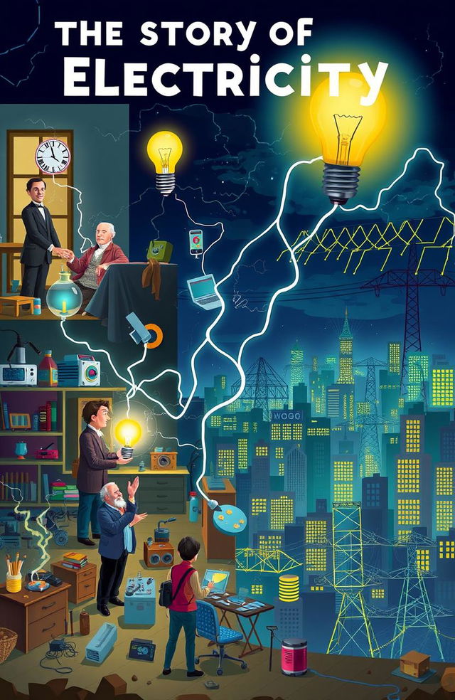 An illustration depicting the story of electricity, showcasing key milestones and inventions in an engaging and educational manner