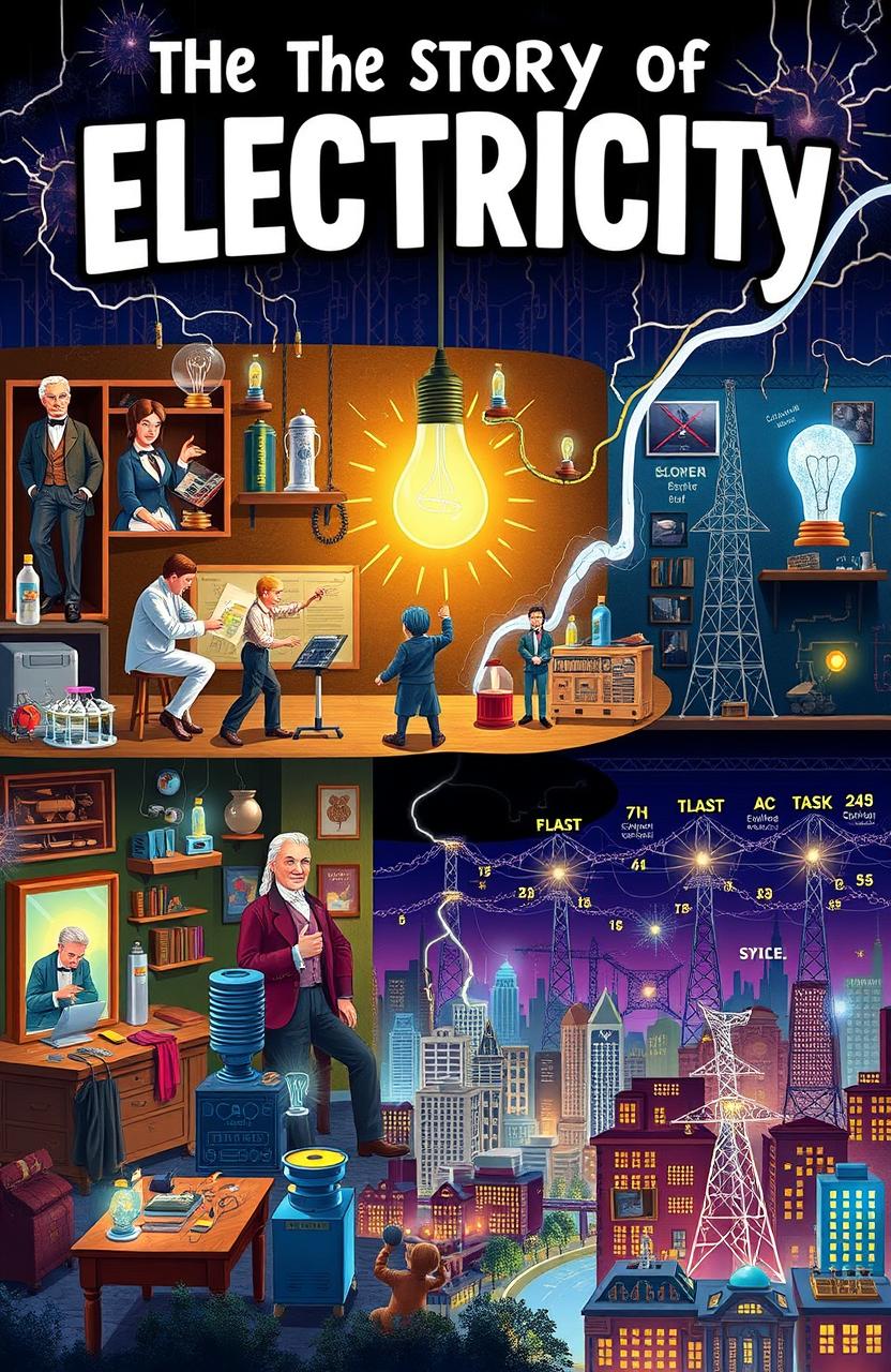 An illustration depicting the story of electricity, showcasing key milestones and inventions in an engaging and educational manner