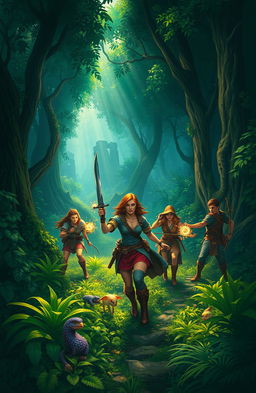 An adventurous scene depicting a group of brave explorers in a dense, enchanted forest, seeking the Lost One, a legendary mythical creature