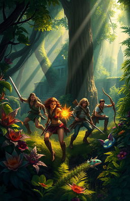 An adventurous scene depicting a group of brave explorers in a dense, enchanted forest, seeking the Lost One, a legendary mythical creature