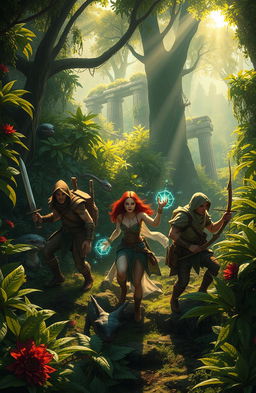An adventurous scene depicting a group of brave explorers in a dense, enchanted forest, seeking the Lost One, a legendary mythical creature