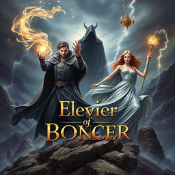 A captivating book cover design featuring a powerful sorcerer and sorceress in an intense battle against an evil entity