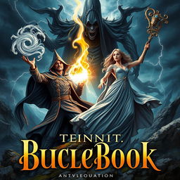 A captivating book cover design featuring a powerful sorcerer and sorceress in an intense battle against an evil entity