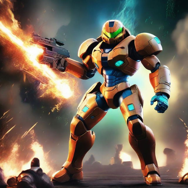 An epic image of Samus from Metroid and Master Chief from Halo, engaged in a fierce battle, surrounded by sparks and flaming debris