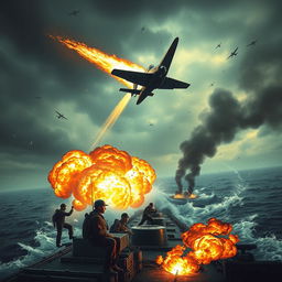 An intense and dramatic scene depicting kamikaze warfare, capturing the essence of sacrifice and desperation in battle