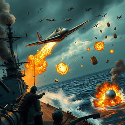 An intense and dramatic scene depicting kamikaze warfare, capturing the essence of sacrifice and desperation in battle