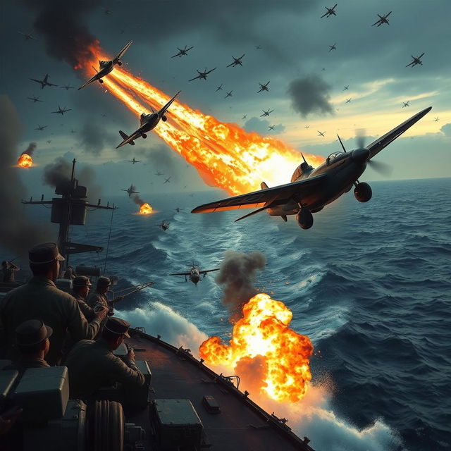 An intense and dramatic scene depicting kamikaze warfare, capturing the essence of sacrifice and desperation in battle