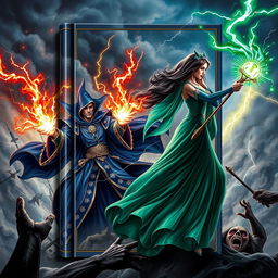 A striking book cover design depicting a powerful sorcerer and sorceress engaged in a fierce battle against an evil sorcerer