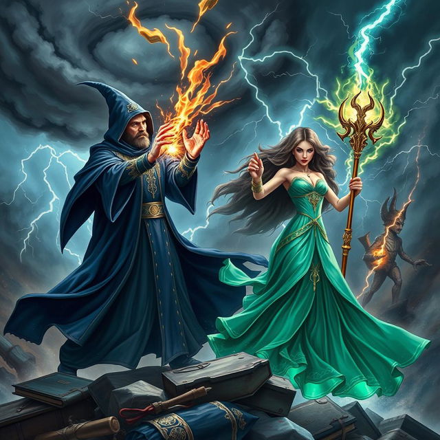 A striking book cover design depicting a powerful sorcerer and sorceress engaged in a fierce battle against an evil sorcerer