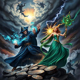 A striking book cover design depicting a powerful sorcerer and sorceress engaged in a fierce battle against an evil sorcerer
