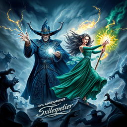 A striking book cover design depicting a powerful sorcerer and sorceress engaged in a fierce battle against an evil sorcerer