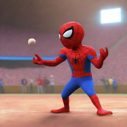 An intense baseball game between Kuromi and Spiderman inside a school coliseum.