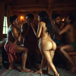 A steamy and passionate scene set in a cozy, rustic lodge, featuring a stunning 18-year-old Indian woman with long, elegant legs