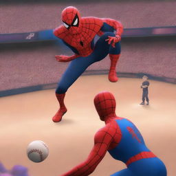 An intense baseball game between Kuromi and Spiderman inside a school coliseum.