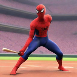 An intense baseball game between Kuromi and Spiderman inside a school coliseum.