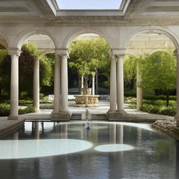 A central feature of a Roman-inspired fountain with water flowing into a pool, surrounded by walkways adorned with classical columns and arcades.