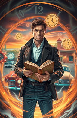 A time traveler in a futuristic suit stands in a swirling portal, surrounded by glowing symbols representing time travel
