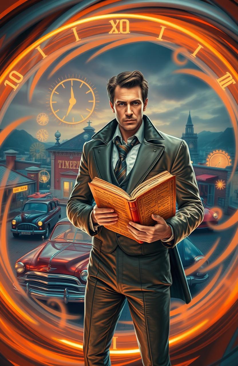 A time traveler in a futuristic suit stands in a swirling portal, surrounded by glowing symbols representing time travel