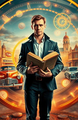 A time traveler in a futuristic suit stands in a swirling portal, surrounded by glowing symbols representing time travel