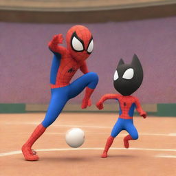 An intense baseball game between Kuromi and Spiderman inside a school coliseum.