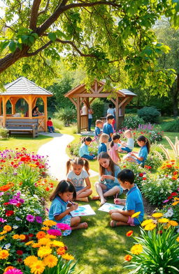 A vibrant school garden filled with various colorful flowers and lush greenery, showcasing students playing and interacting joyfully