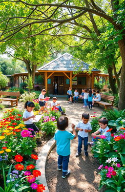 A vibrant school garden filled with various colorful flowers and lush greenery, showcasing students playing and interacting joyfully
