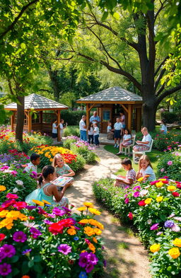 A vibrant school garden filled with various colorful flowers and lush greenery, showcasing students playing and interacting joyfully