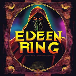 Generate an image of Elden Ring as an 1980s style movie poster, full of vivid colors, dramatic lighting and retro typography.