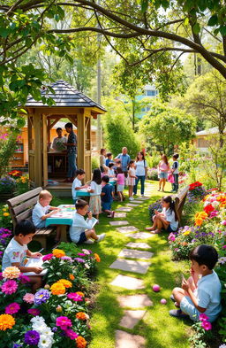 A vibrant school garden filled with various colorful flowers and lush greenery, showcasing students playing and interacting joyfully