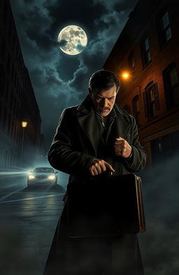A gripping scene from an American crime thriller, showcasing a shadowy city street at night