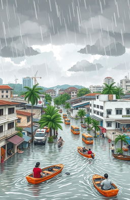 A detailed illustration focusing on the flooding issues in Balikpapan, Indonesia