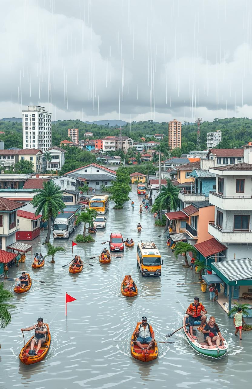 A detailed illustration focusing on the flooding issues in Balikpapan, Indonesia